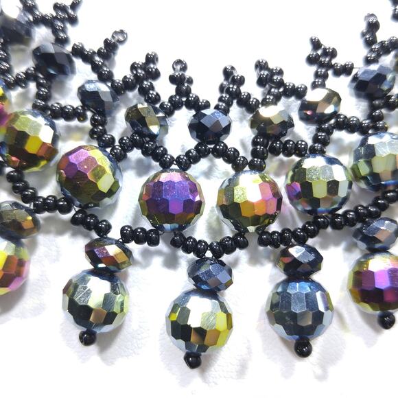 Handmade Czech Fire Polished Beaded Collar Necklace Black Seed Beads 16" - Picture 6 of 10